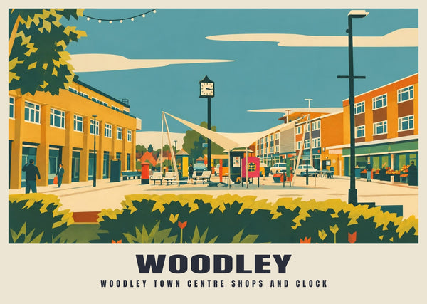 Woodley town centre shops and clock Mid-Century Poster