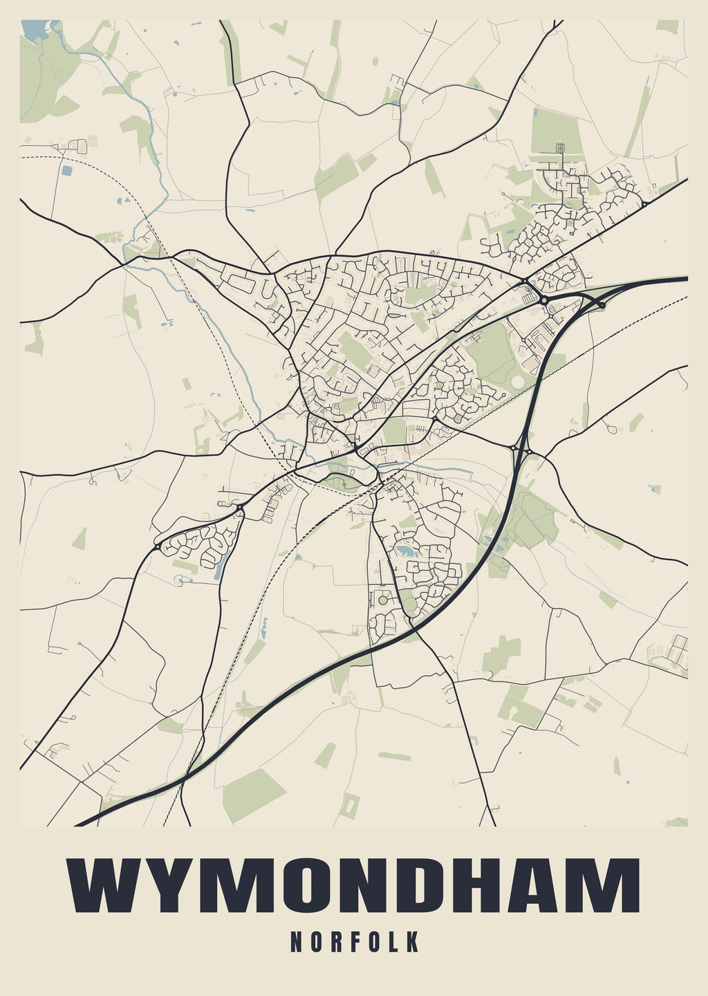 Street map poster of Wymondham, Norfolk