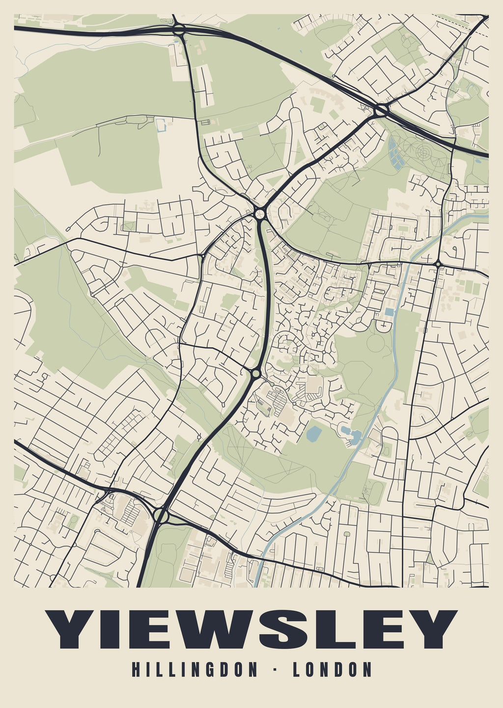 Heritage street map poster of Yiewsley, Hillingdon, London