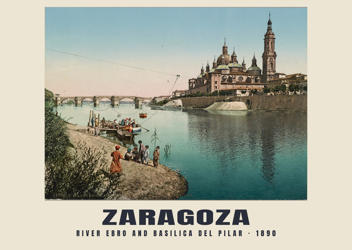 River Ebro and Basilica del Pilar, Zaragoza, 1890 heritage photograph