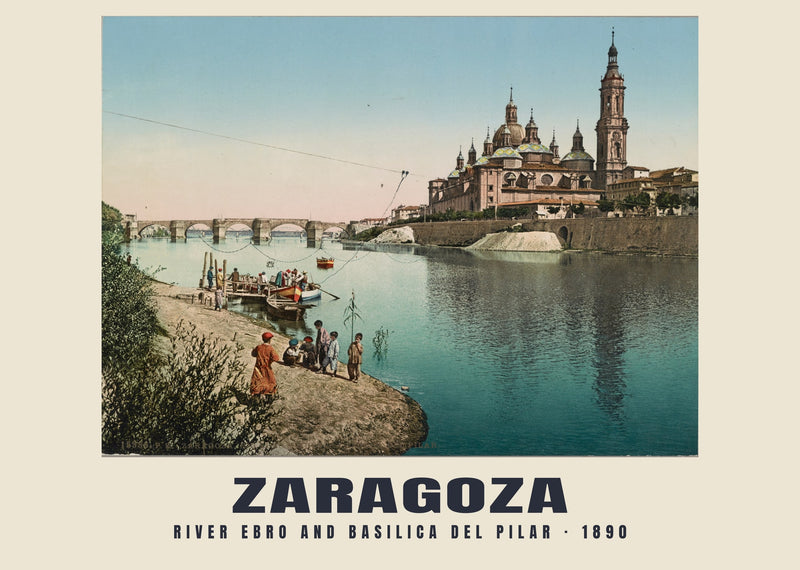 Fiume Ebro e basilica del Pilar, Zaragoza — 1890 · Stampa fotocromatica d’epoca