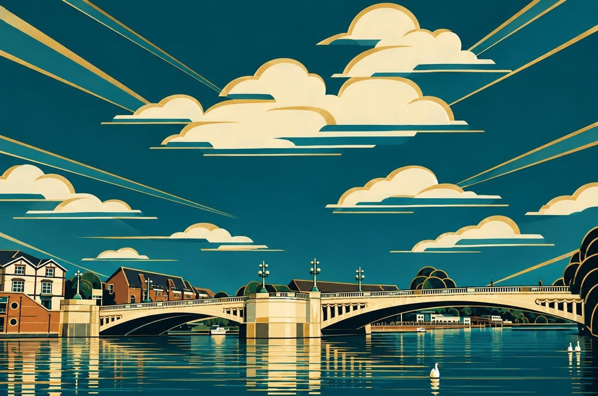 Caversham Bridge in the art deco style, illustrated from a real photo