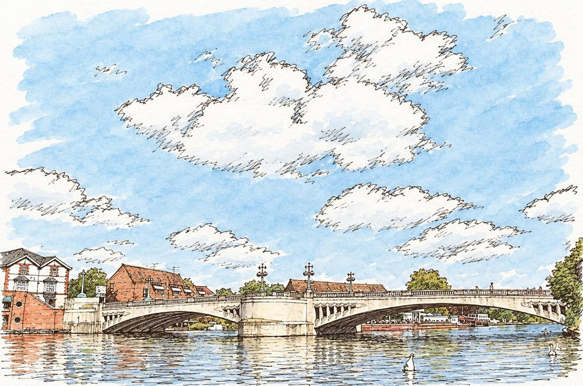Affiche du pont de Caversham dans le style encre et lavis, réalisée à partir d'une vraie photo