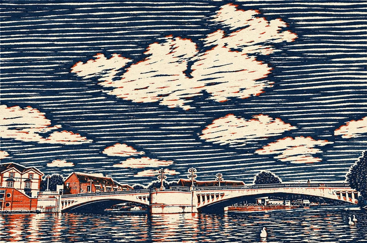 Affiche du pont de Caversham dans le style linogravure, réalisée à partir d'une vraie photo