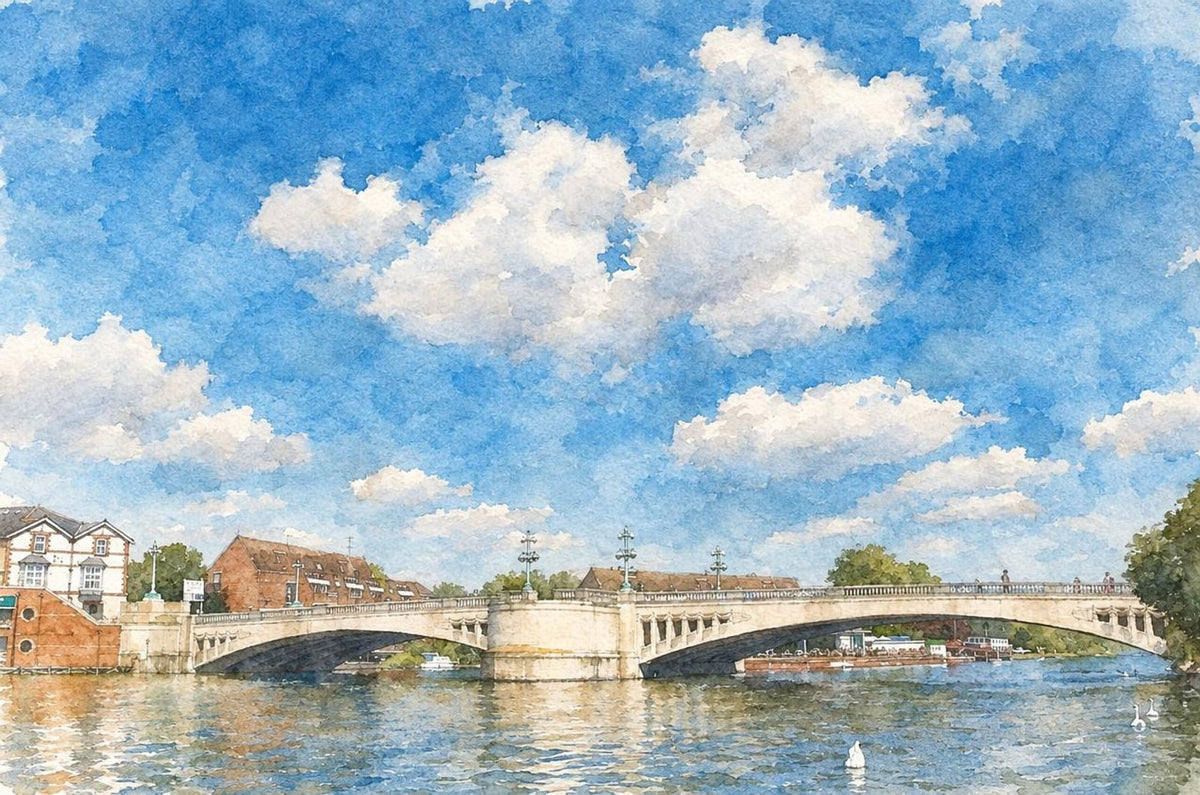 Affiche du pont de Caversham dans le style aquarelle anglaise, réalisée à partir d'une vraie photo