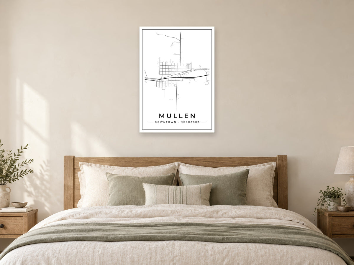Mullen Downtown Street Map Poster at A1, as a poster, above a bed