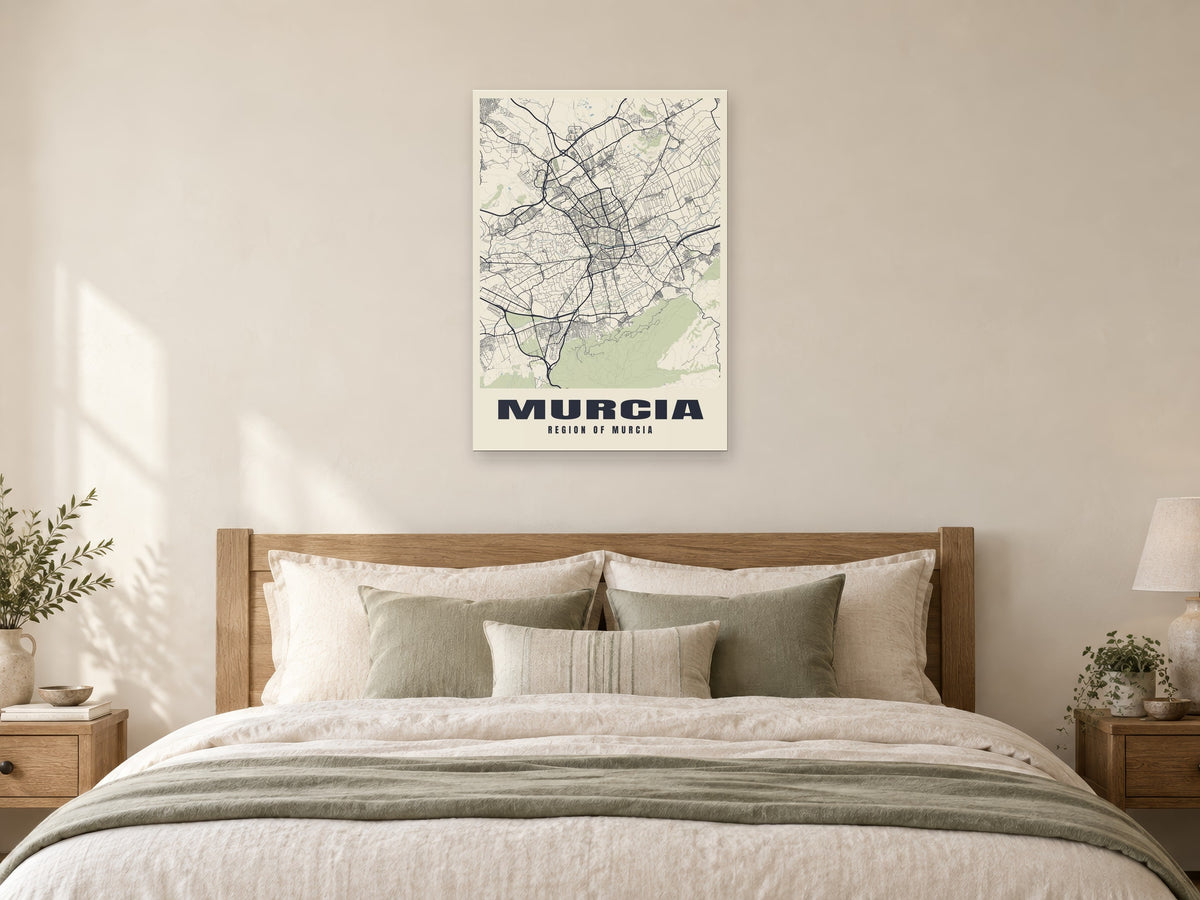 Murcia Street Map Poster at A1, as a poster, above a bed