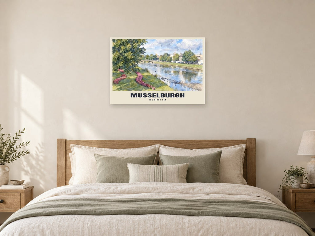 The River Esk, Musselburgh Poster at A1, as a poster, above a bed
