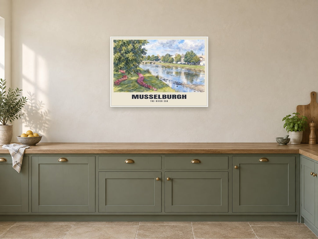 The River Esk, Musselburgh Poster at A1, in a white frame, in a kitchen