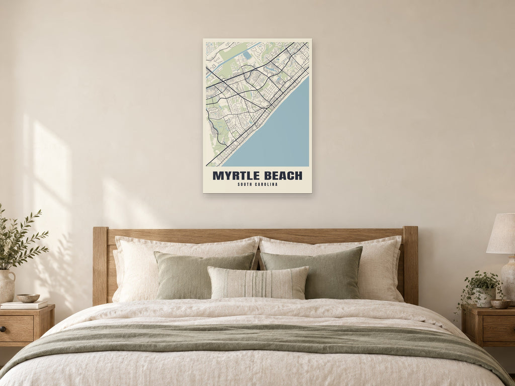 Myrtle Beach Street Map Poster at A1, as a poster, above a bed