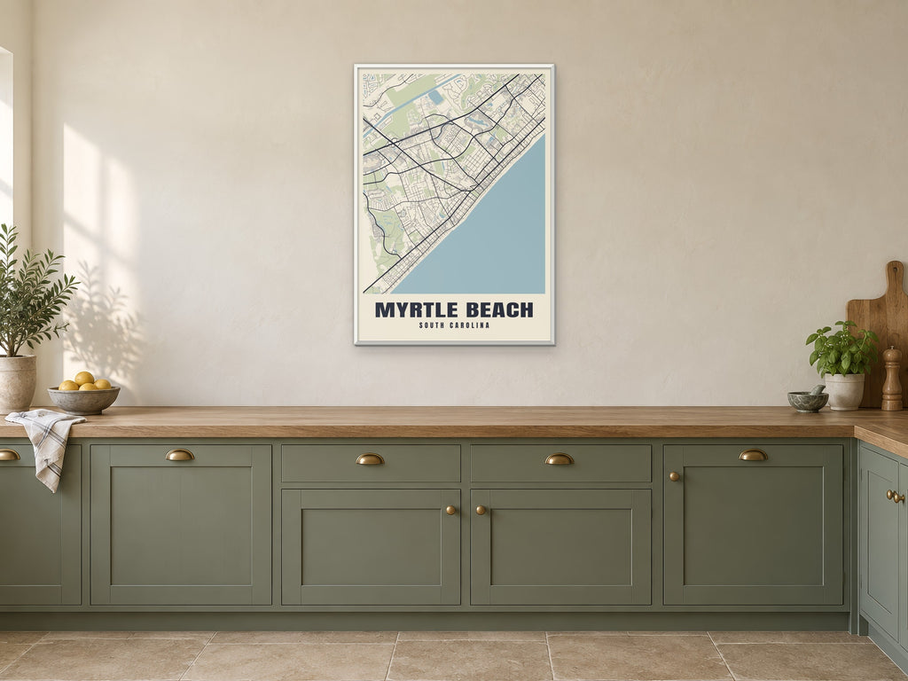 Myrtle Beach Street Map Poster at A1, in a white frame, in a kitchen