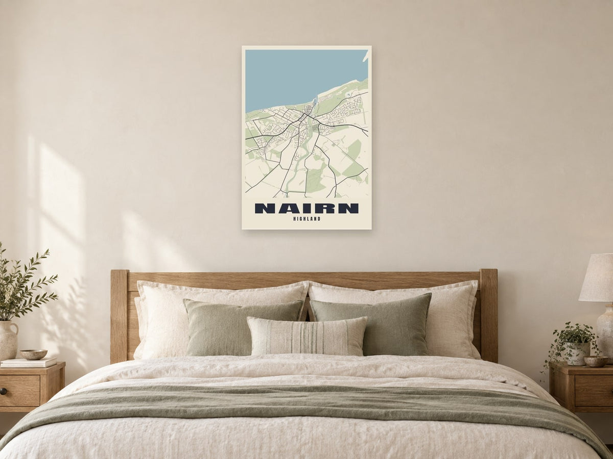 Nairn Street Map Poster at A1, as a poster, above a bed