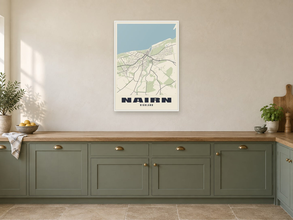 Nairn Street Map Poster at A1, in a white frame, in a kitchen