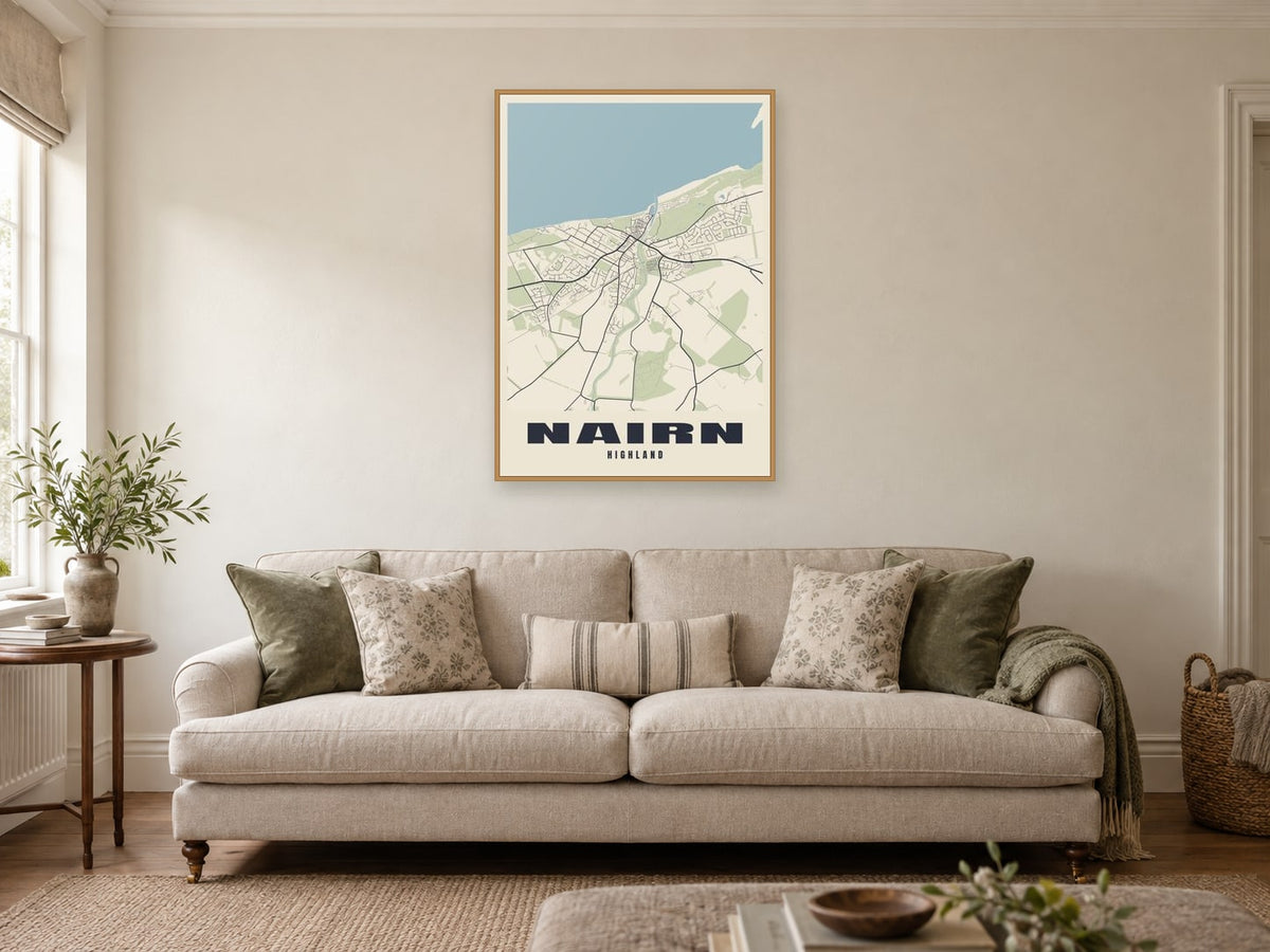 Nairn Street Map Poster at A1, in a natural wood frame, in a sitting room