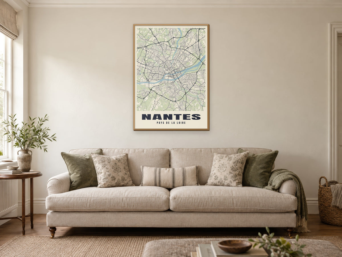 Nantes Street Map Poster at A1, in a natural wood frame, in a sitting room