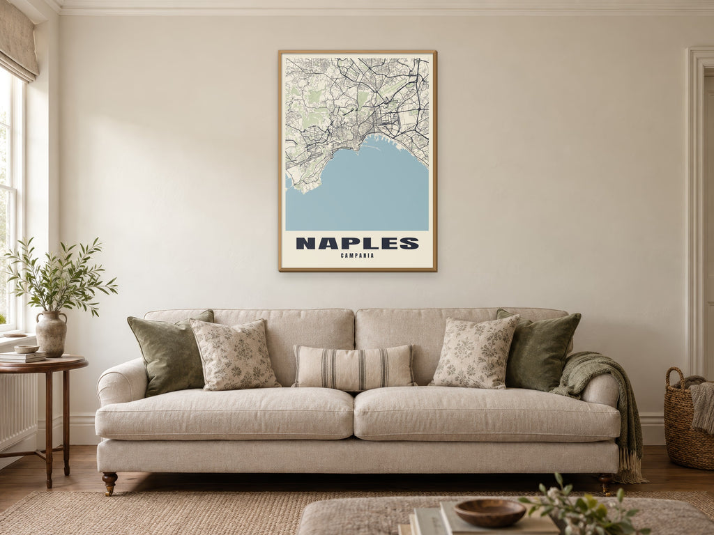 Naples Street Map Poster at A1, in a natural wood frame, in a sitting room