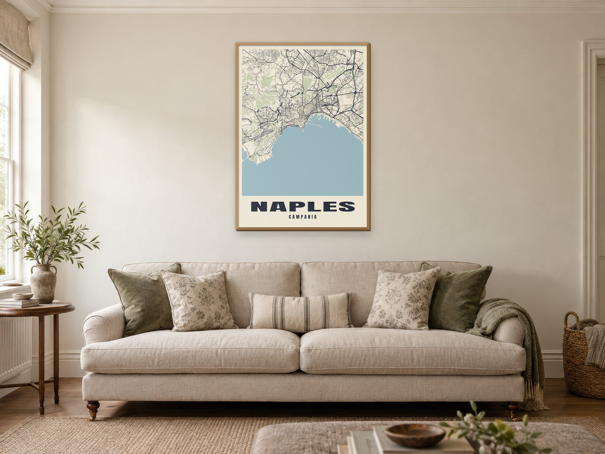Naples Street Map Poster at A1, in a natural wood frame, in a sitting room