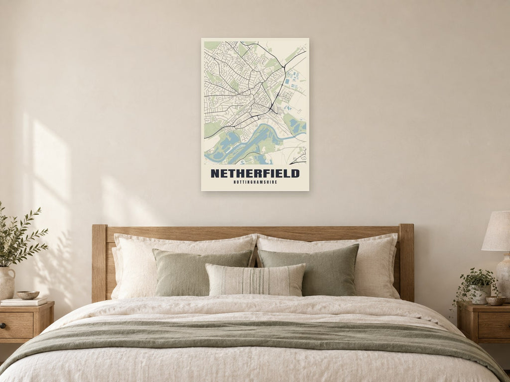 Netherfield Street Map Poster at A1, as a poster, above a bed