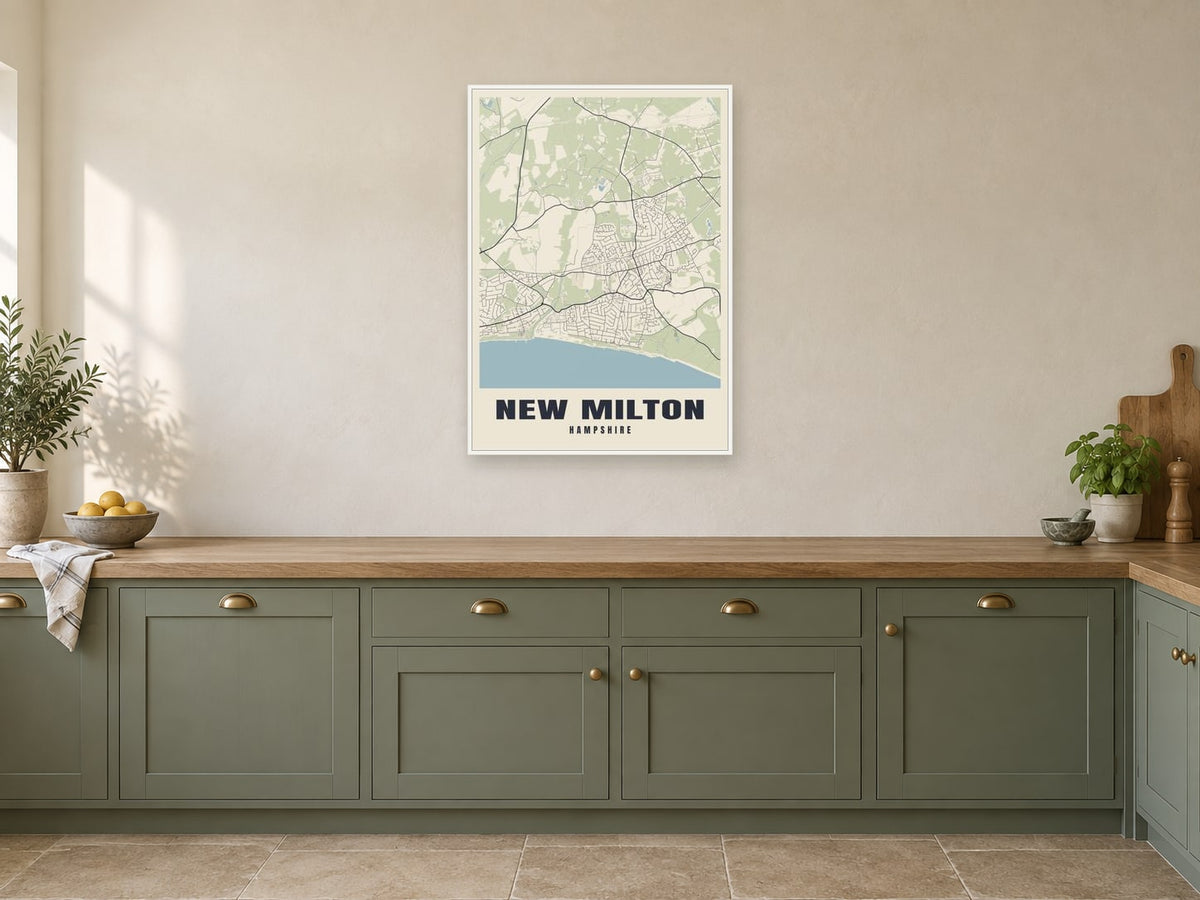 New Milton Street Map Poster at A1, in a white frame, in a kitchen