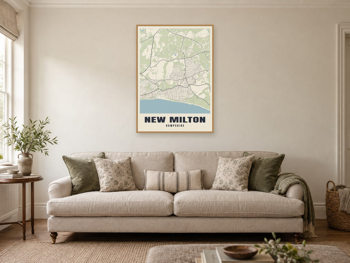 New Milton Street Map Poster at A1, in a natural wood frame, in a sitting room