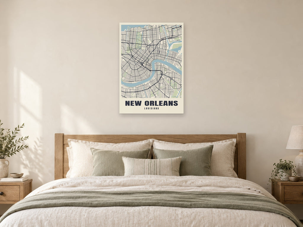 New Orleans Street Map Poster at A1, as a poster, above a bed