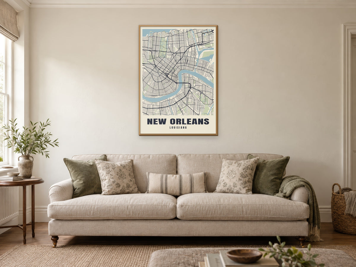 New Orleans Street Map Poster at A1, in a natural wood frame, in a sitting room