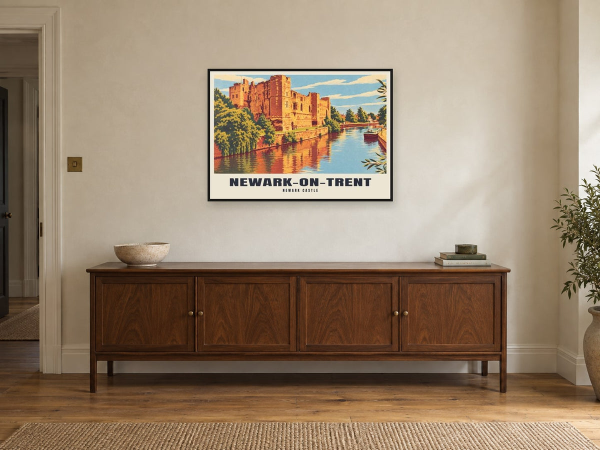 Newark Castle, Newark-on-Trent Poster at A1, in a black frame, above a sideboard