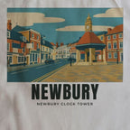 Close-up of the Newbury Clock Tower drawing and lettering printed on natural cotton