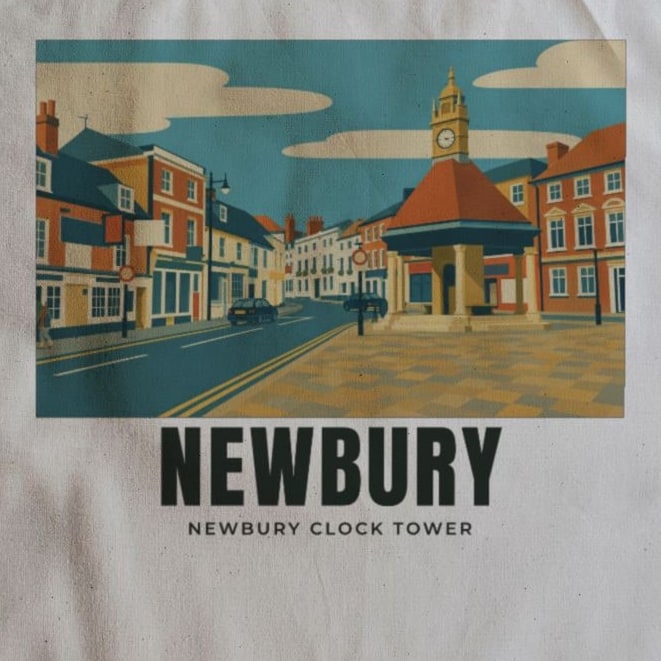Close-up of the Newbury Clock Tower drawing and lettering printed on natural cotton