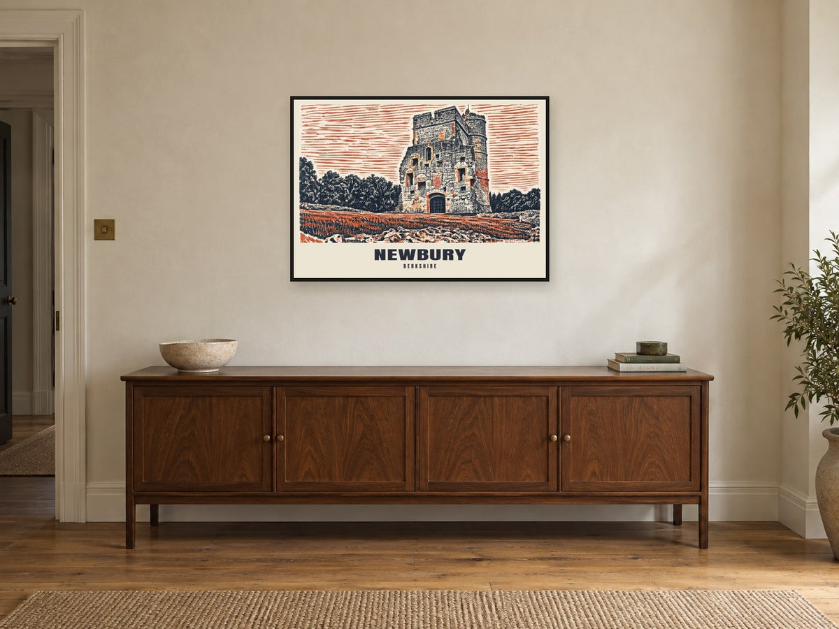 Donnington Castle, Newbury Poster at A1, in a black frame, above a sideboard
