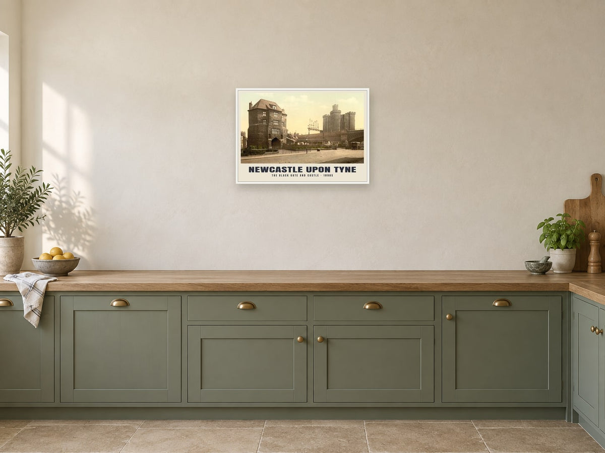 The Black Gate and Castle, Newcastle upon Tyne, 1890s Heritage Print at A2, in a white frame, in a kitchen