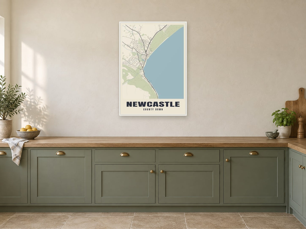 Newcastle Street Map Poster at A1, in a white frame, in a kitchen