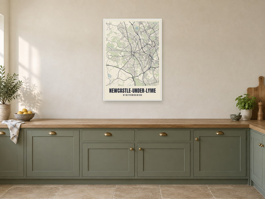 Newcastle-under-Lyme Street Map Poster at A1, in a white frame, in a kitchen