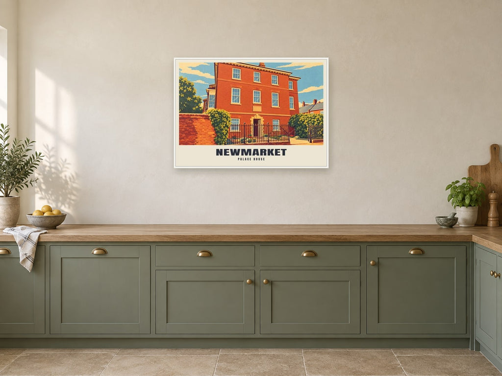 Palace House, Newmarket Poster at A1, in a white frame, in a kitchen