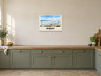 Newquay named English Watercolour print at A2, in a white frame, in a kitchen