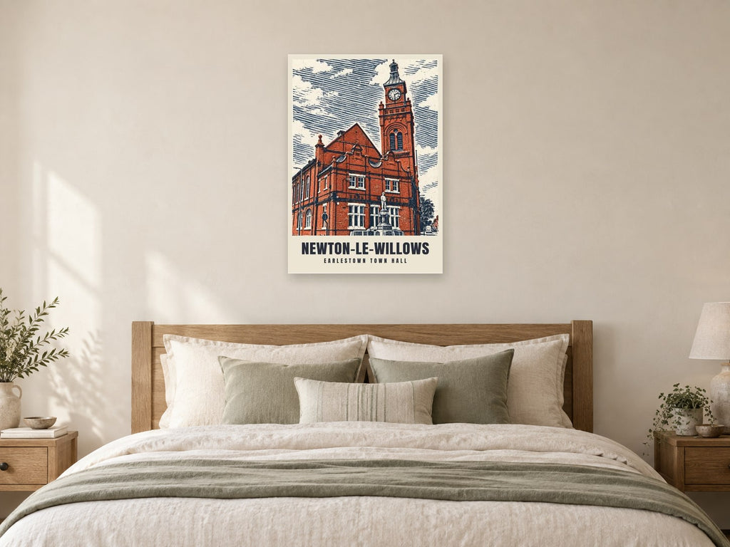 Earlestown Town Hall, Newton-le-Willows Poster at A1, as a poster, above a bed