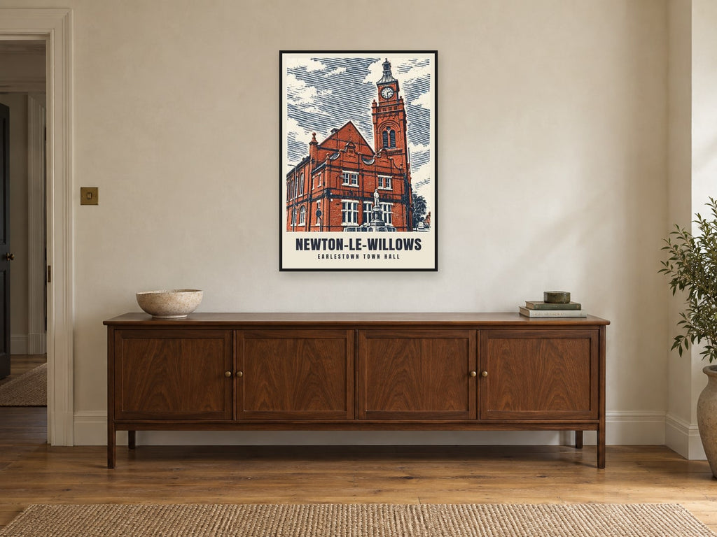 Earlestown Town Hall, Newton-le-Willows Poster at A1, in a black frame, above a sideboard