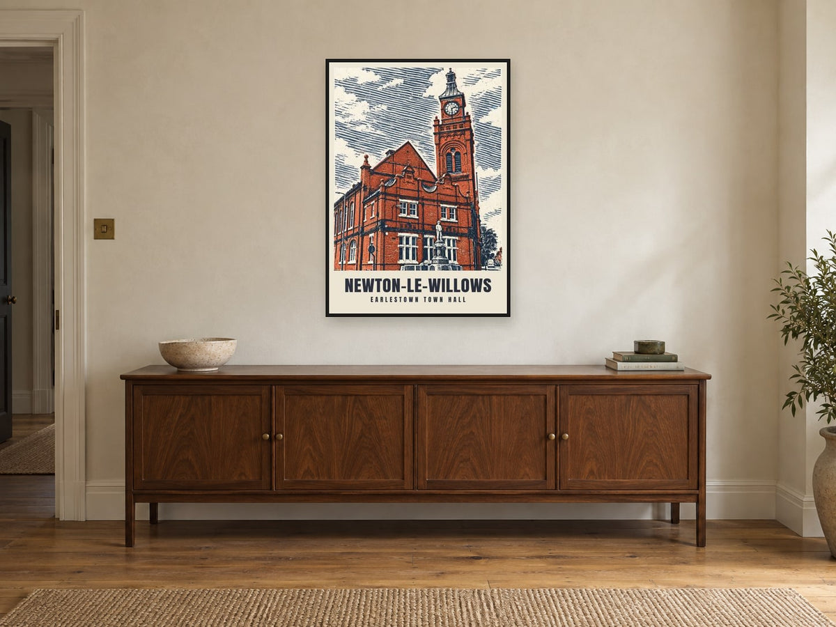 Earlestown Town Hall, Newton-le-Willows Poster at A1, in a black frame, above a sideboard