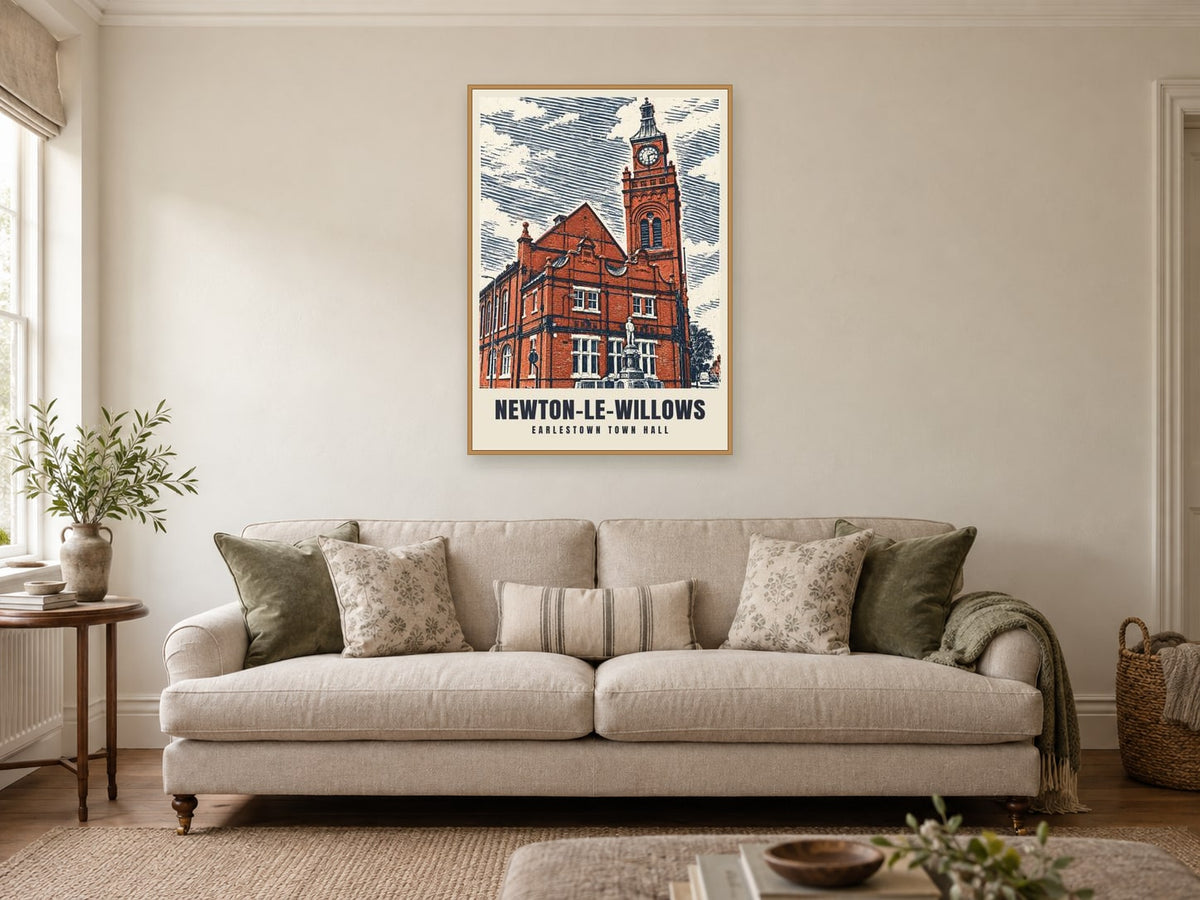 Earlestown Town Hall, Newton-le-Willows Poster at A1, in a natural wood frame, in a sitting room