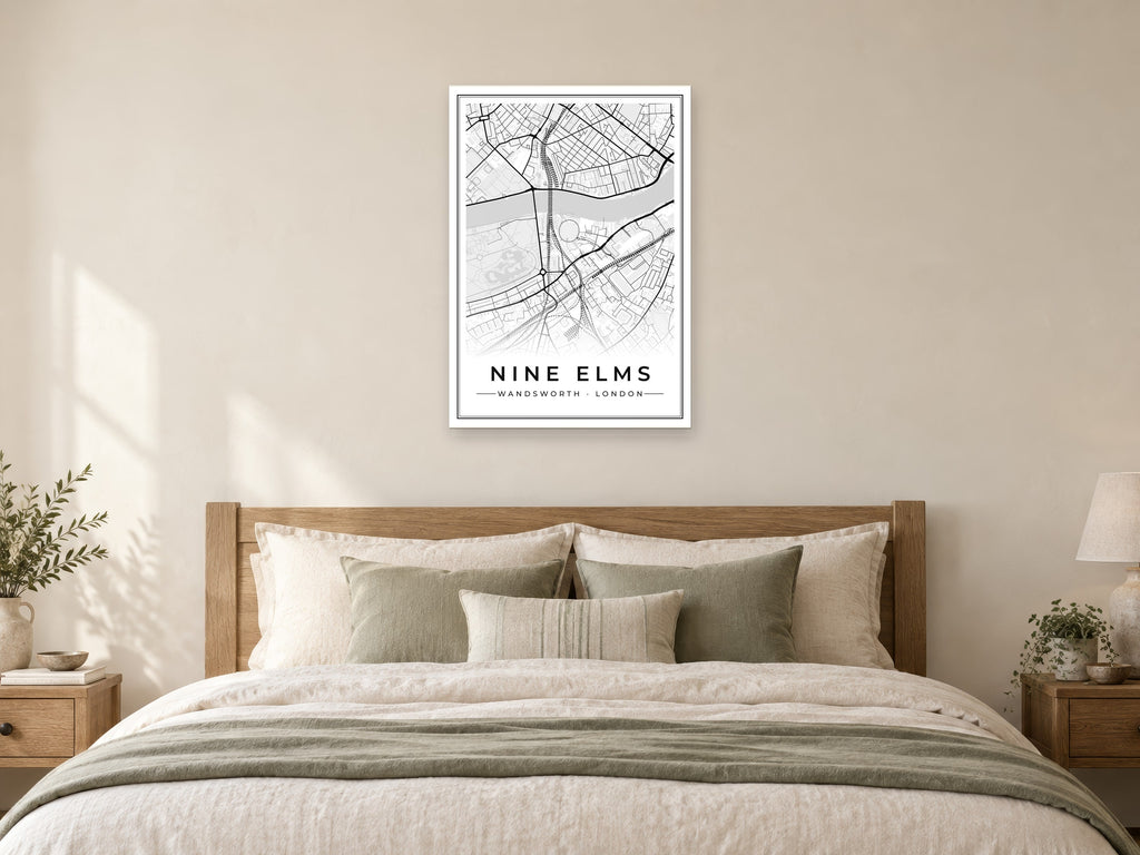 Nine Elms Street Map Poster at A1, as a poster, above a bed