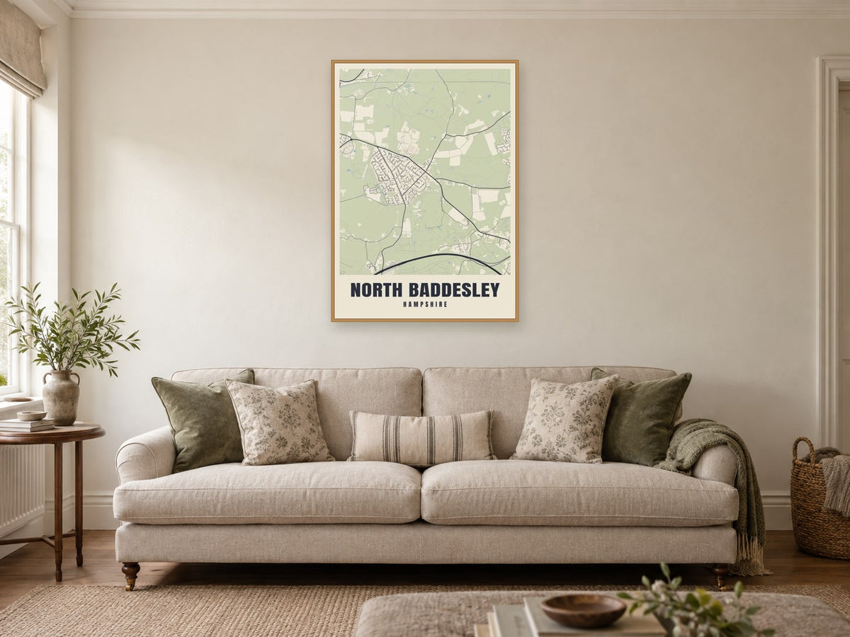 North Baddesley Street Map Poster at A1, in a natural wood frame, in a sitting room