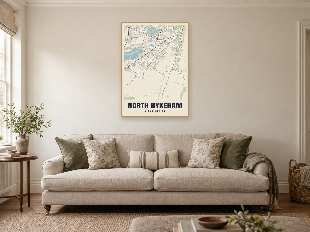 North Hykeham Street Map Poster at A1, in a natural wood frame, in a sitting room