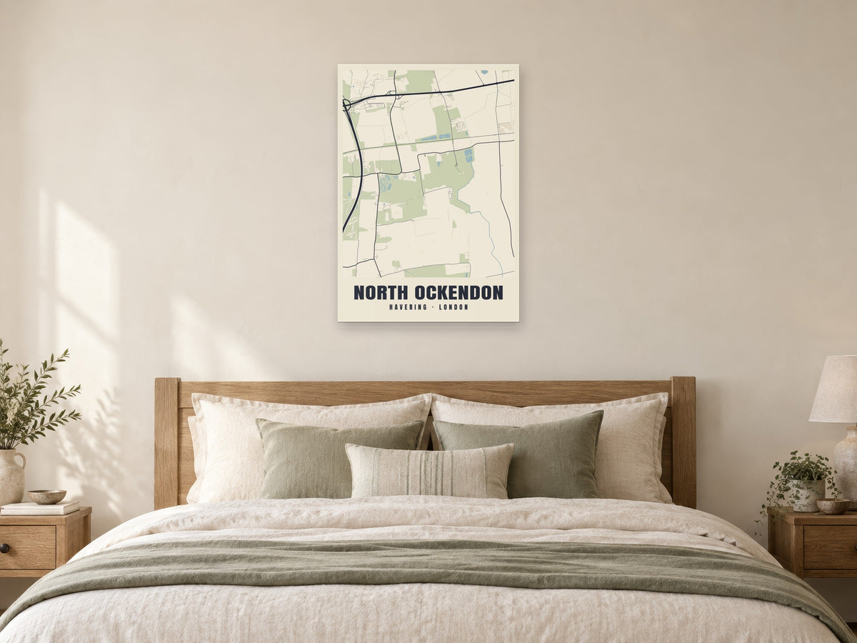 North Ockendon Heritage Street Map Poster at A1, as a poster, above a bed