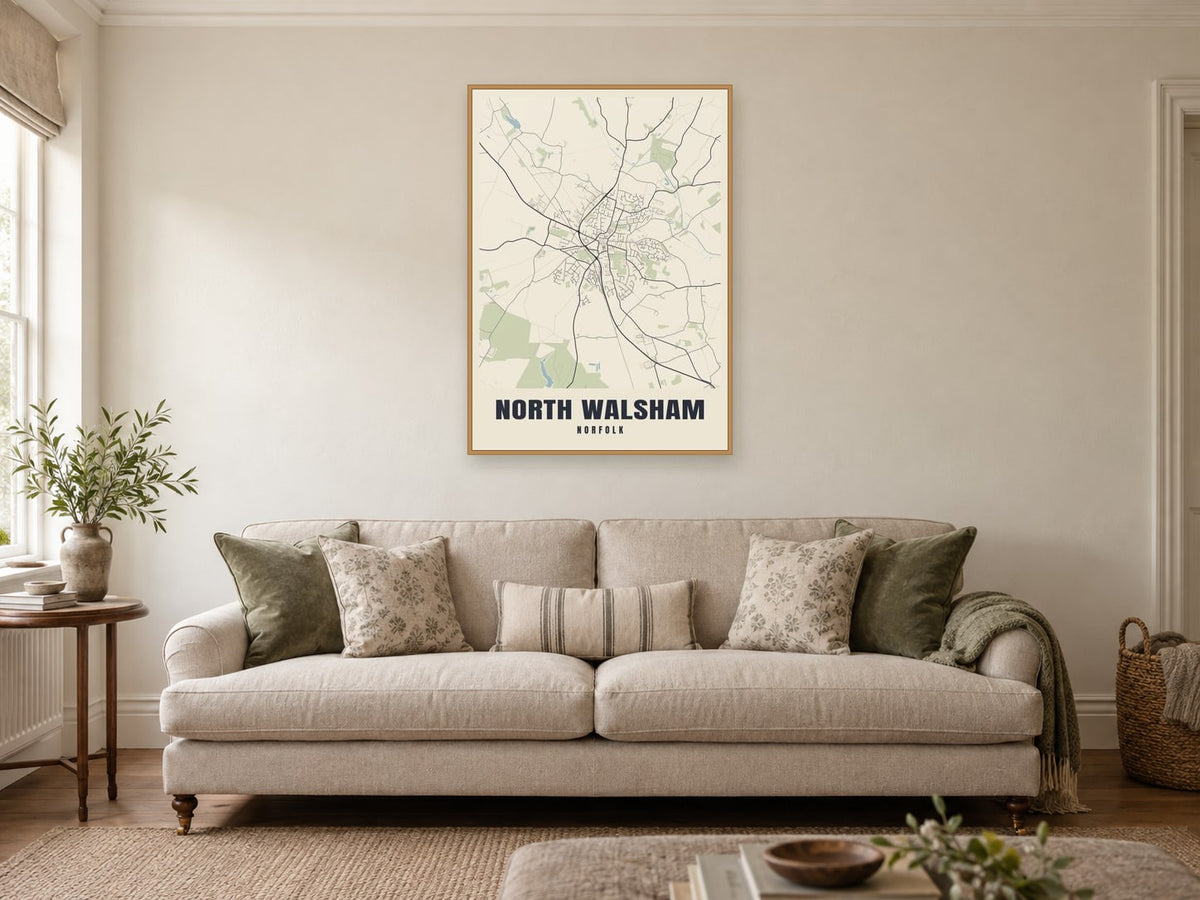 North Walsham Street Map Poster at A1, in a natural wood frame, in a sitting room