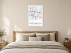 Northampton Town Centre Street Map Poster at A1, as a poster, above a bed
