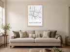 Northampton Town Centre Street Map Poster at A1, in a natural wood frame, in a sitting room