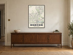 Norton Street Map Poster at A1, in a black frame, above a sideboard