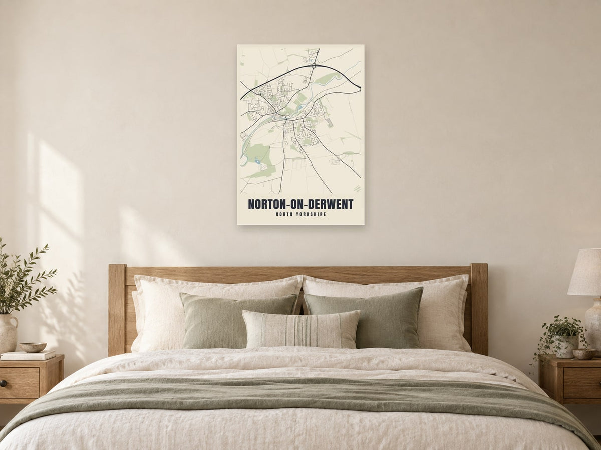 Norton-on-Derwent Street Map Poster at A1, as a poster, above a bed