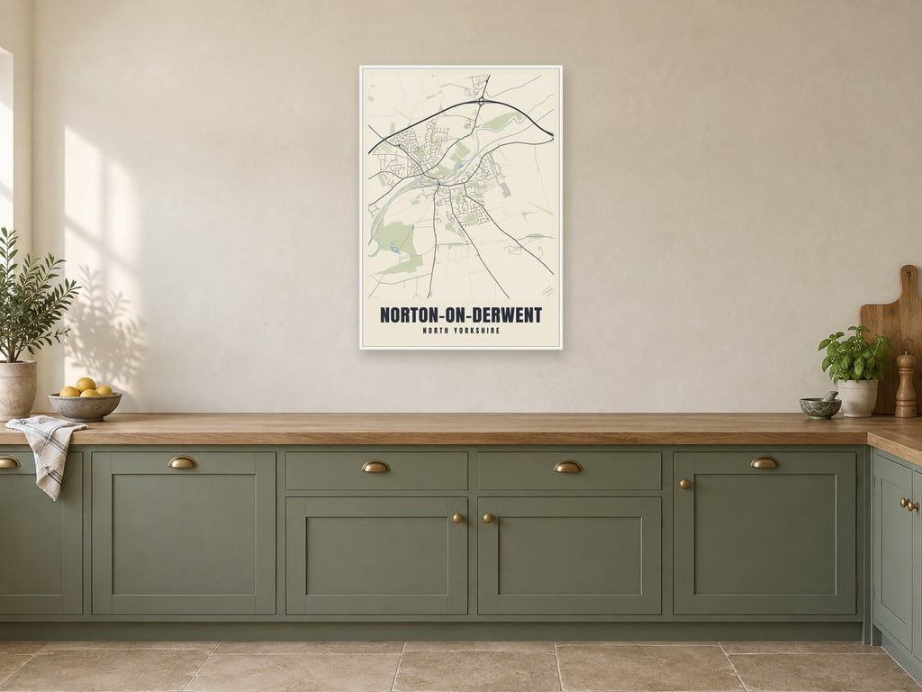 Norton-on-Derwent Street Map Poster at A1, in a white frame, in a kitchen