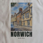 Close-up of the Elm Hill, Norwich drawing and lettering printed on natural cotton